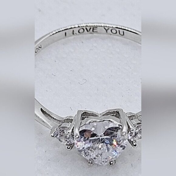Sterling Silver 925 CZ Heart-Shaped Anniversary Ring Engraved I LOVE YOU - Picture 8 of 11